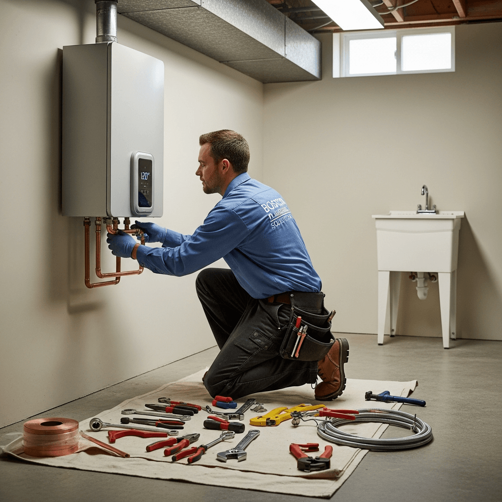 Licensed plumber installing a water heater in a Massachusetts home
